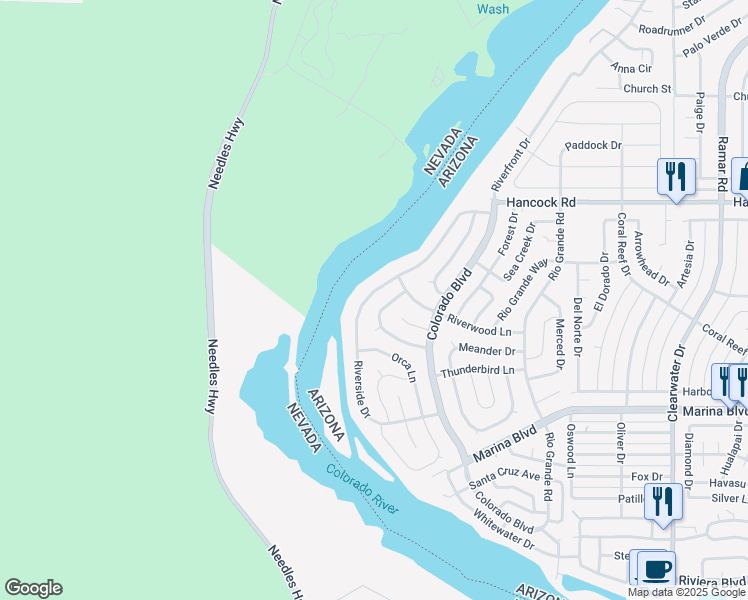 map of restaurants, bars, coffee shops, grocery stores, and more near 1856 Riverside Drive in Bullhead City