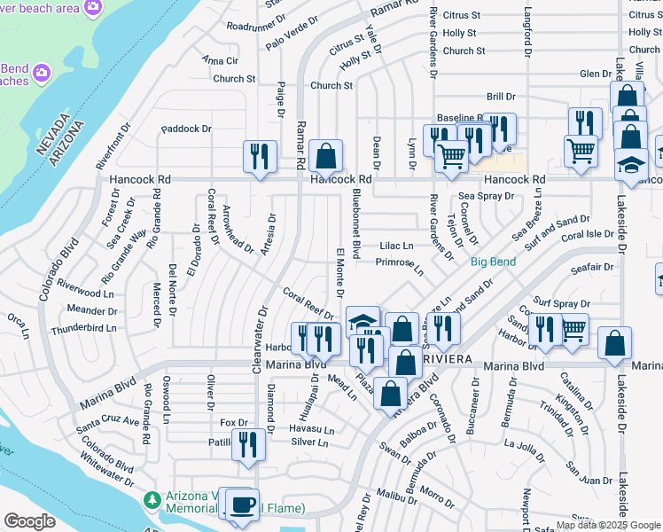 map of restaurants, bars, coffee shops, grocery stores, and more near 1858 Hualapai Dr in Bullhead City