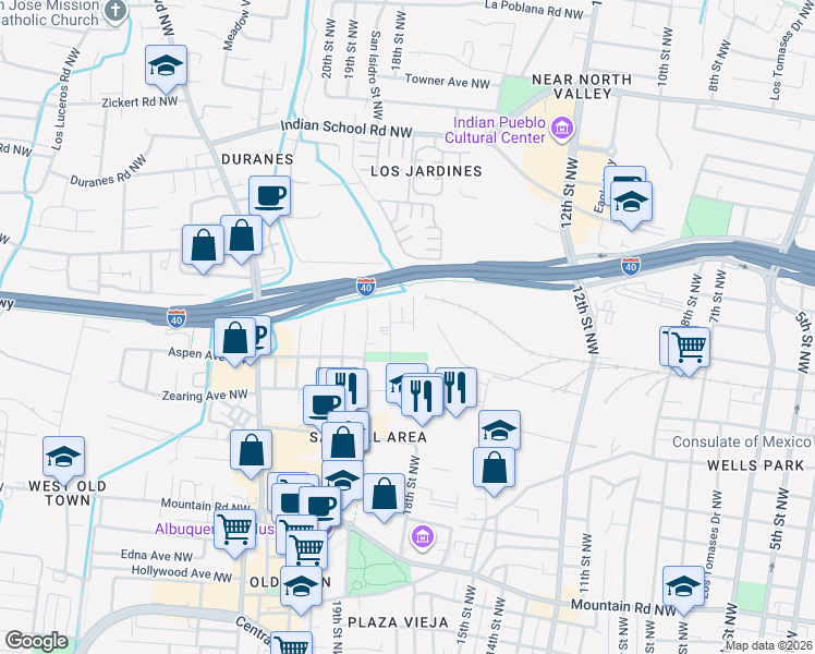 map of restaurants, bars, coffee shops, grocery stores, and more near 1101 Mis Abuelitos Drive Northwest in Albuquerque