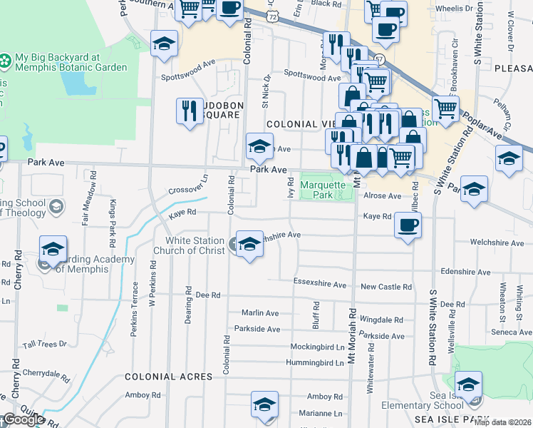 map of restaurants, bars, coffee shops, grocery stores, and more near 4830 Kaye Road in Memphis