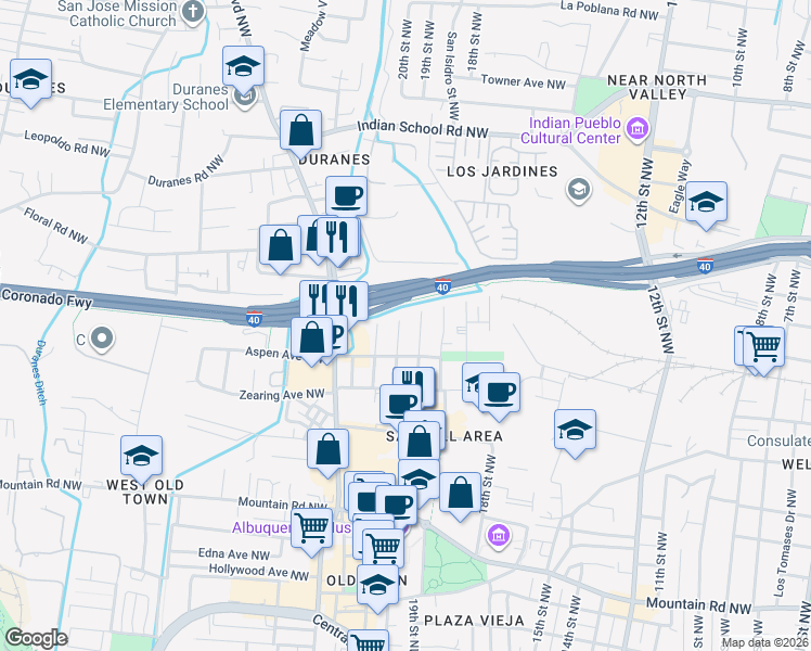 map of restaurants, bars, coffee shops, grocery stores, and more near 1022 21st Street Northwest in Albuquerque