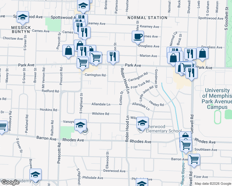 map of restaurants, bars, coffee shops, grocery stores, and more near 984 Patterson Cove in Memphis