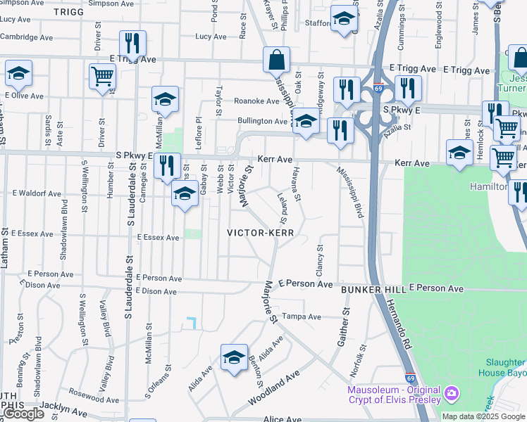 map of restaurants, bars, coffee shops, grocery stores, and more near 1560 Marjorie Street in Memphis