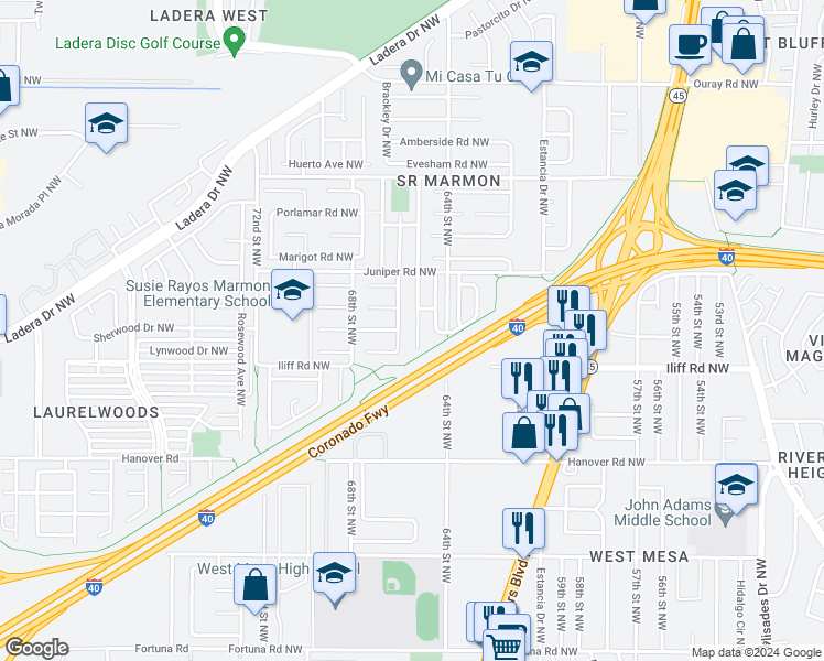 map of restaurants, bars, coffee shops, grocery stores, and more near 1727 Vasilion Place Northwest in Albuquerque