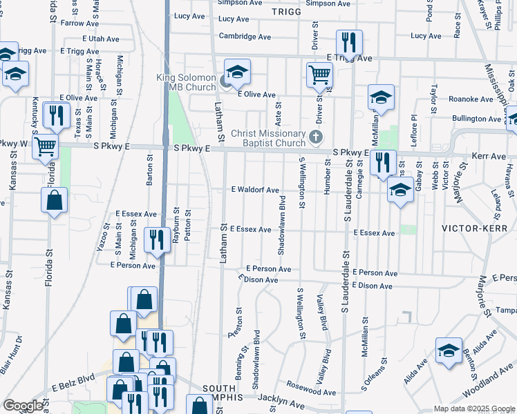 map of restaurants, bars, coffee shops, grocery stores, and more near 1561 Cameron Street in Memphis