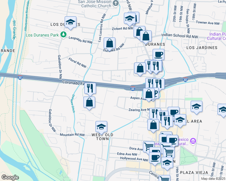 map of restaurants, bars, coffee shops, grocery stores, and more near 1116 5 Montoya Road Northwest in Albuquerque