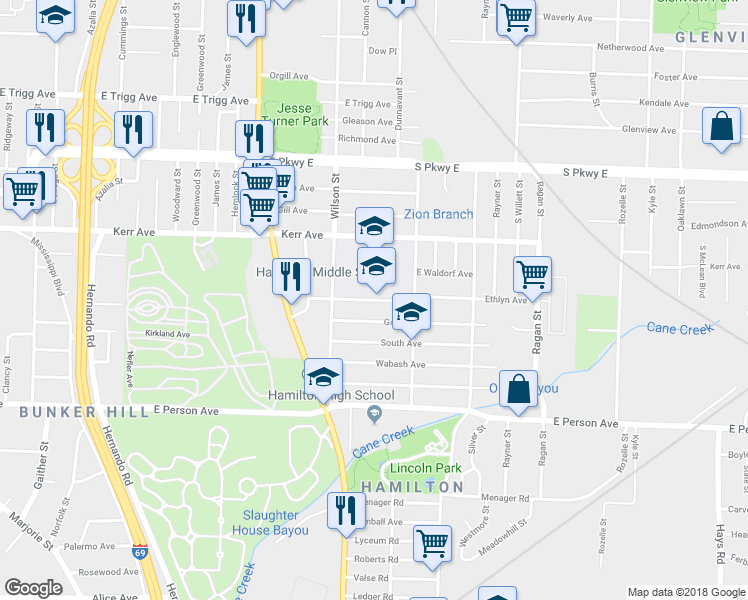 map of restaurants, bars, coffee shops, grocery stores, and more near 1373 Ethlyn Avenue in Memphis