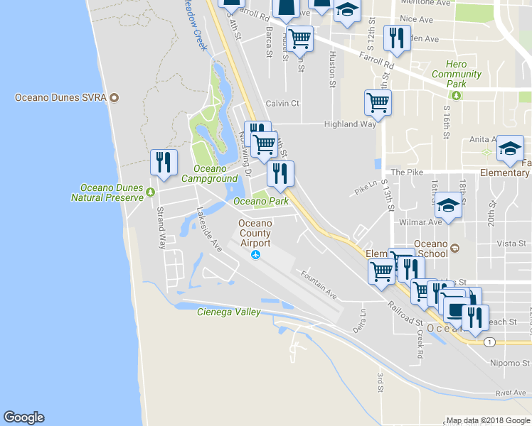 map of restaurants, bars, coffee shops, grocery stores, and more near 632 Mendel Drive in Oceano