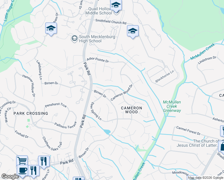 map of restaurants, bars, coffee shops, grocery stores, and more near 9221 Deer Spring Ln in Charlotte