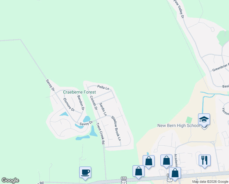 map of restaurants, bars, coffee shops, grocery stores, and more near 118 Sparta Way in New Bern