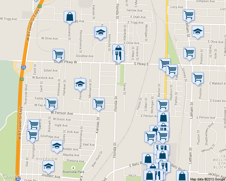 map of restaurants, bars, coffee shops, grocery stores, and more near 1571 Florida Street in Memphis