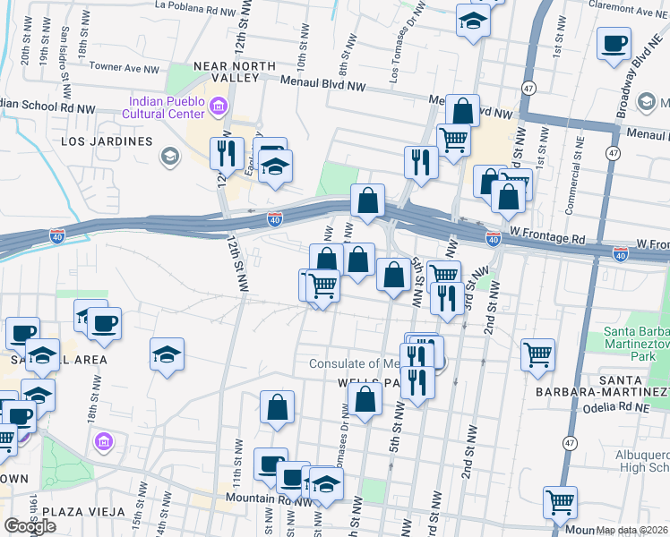 map of restaurants, bars, coffee shops, grocery stores, and more near 1915 7th Street Northwest in Albuquerque