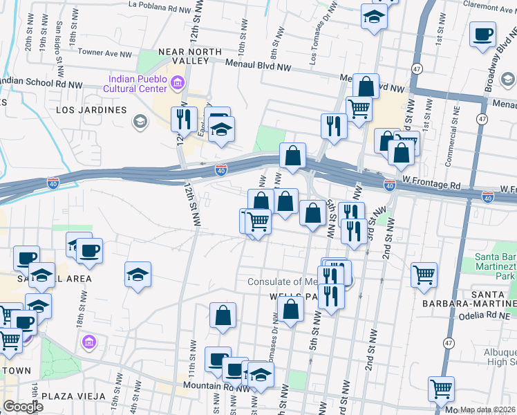 map of restaurants, bars, coffee shops, grocery stores, and more near 1915 7th St NW in Albuquerque