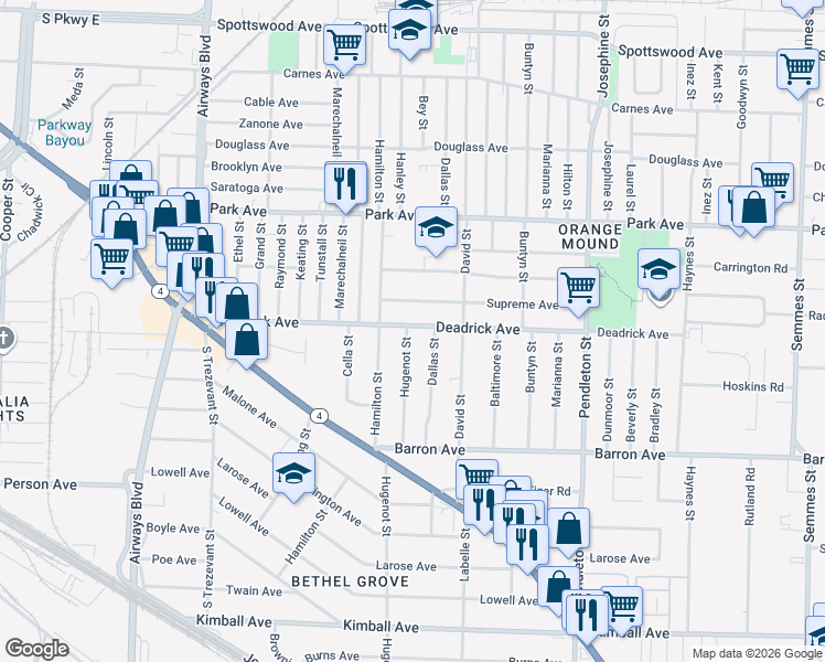 map of restaurants, bars, coffee shops, grocery stores, and more near 1491 Dallas Street in Memphis