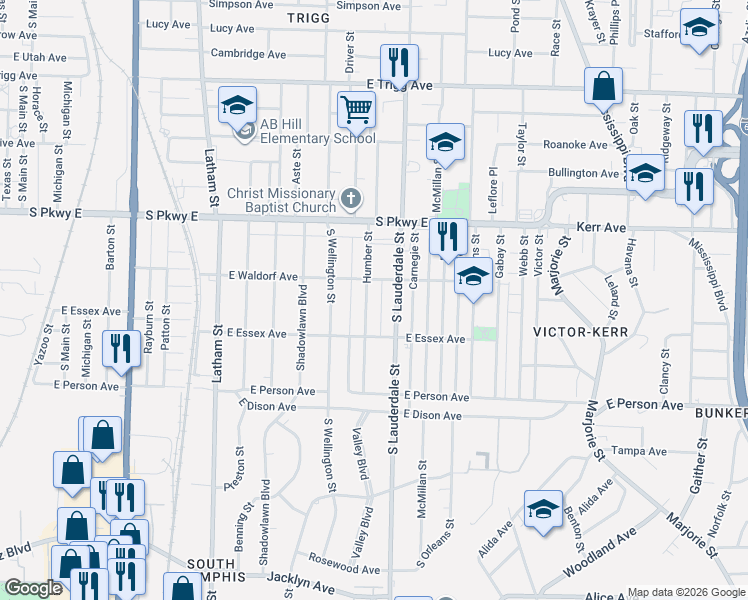 map of restaurants, bars, coffee shops, grocery stores, and more near 1560 Humber Street in Memphis