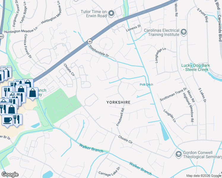map of restaurants, bars, coffee shops, grocery stores, and more near 13624 Annsdale Lane in Charlotte