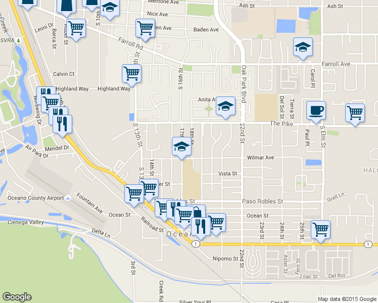 map of restaurants, bars, coffee shops, grocery stores, and more near 1380 18th Street in Oceano