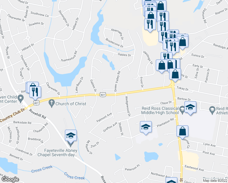 map of restaurants, bars, coffee shops, grocery stores, and more near 500 Country Club Drive in Fayetteville