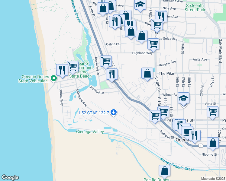 map of restaurants, bars, coffee shops, grocery stores, and more near 665 Air Park Drive in Oceano