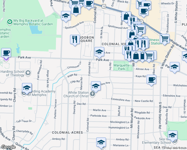 map of restaurants, bars, coffee shops, grocery stores, and more near 4790 Kaye Road in Memphis
