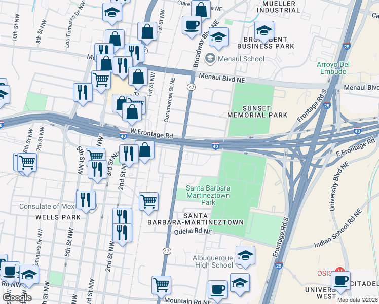 map of restaurants, bars, coffee shops, grocery stores, and more near 99999 Indian School Road Northeast in Albuquerque