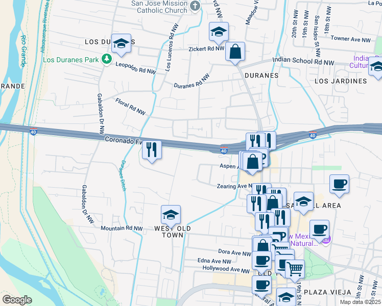 map of restaurants, bars, coffee shops, grocery stores, and more near 1116 5 Montoya Road Northwest in Albuquerque