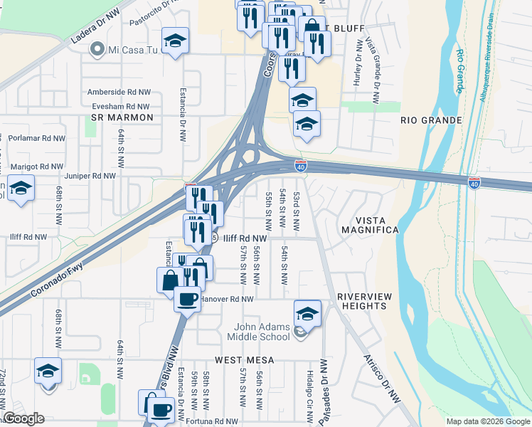 map of restaurants, bars, coffee shops, grocery stores, and more near 1619 55th Street Northwest in Albuquerque