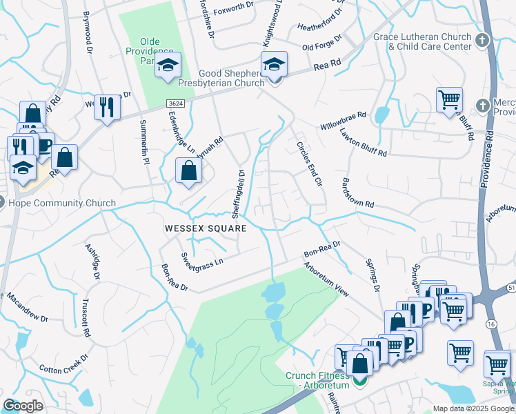 map of restaurants, bars, coffee shops, grocery stores, and more near 3409 Hilldale Way in Charlotte