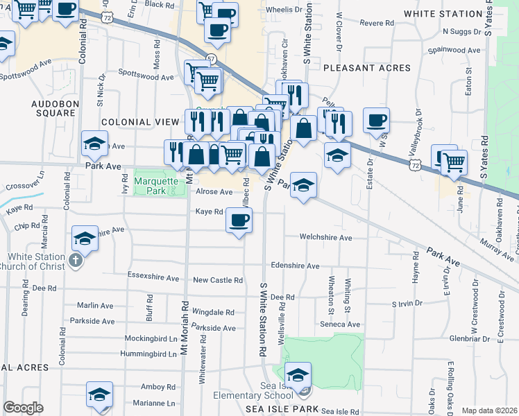 map of restaurants, bars, coffee shops, grocery stores, and more near 996 South White Station Road in Memphis