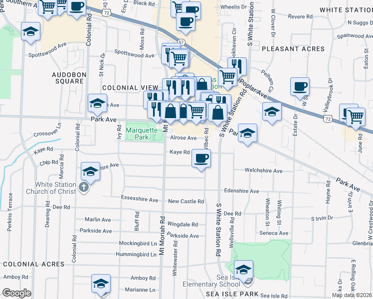 map of restaurants, bars, coffee shops, grocery stores, and more near 5052 Kaye Road in Memphis