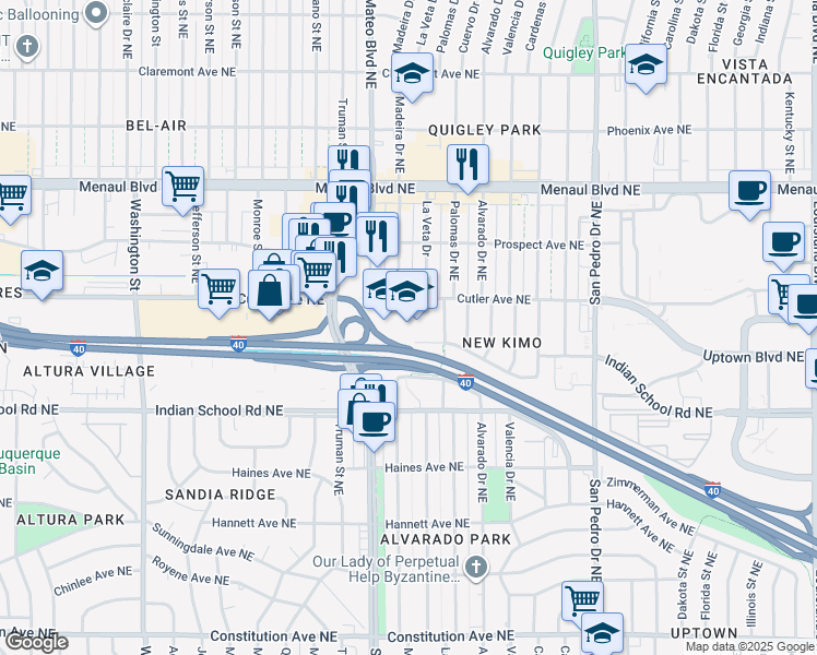 map of restaurants, bars, coffee shops, grocery stores, and more near 5300 Cutler Avenue Northeast in Albuquerque