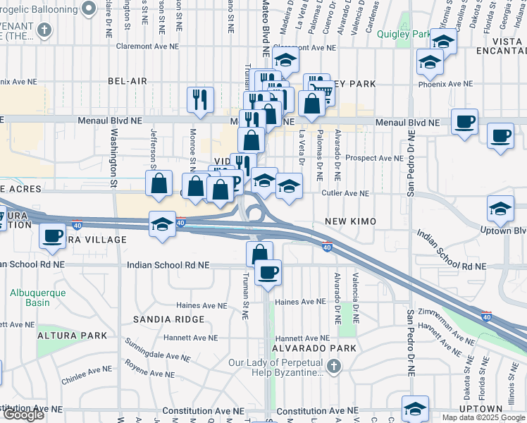 map of restaurants, bars, coffee shops, grocery stores, and more near San Mateo Blvd NE in Albuquerque
