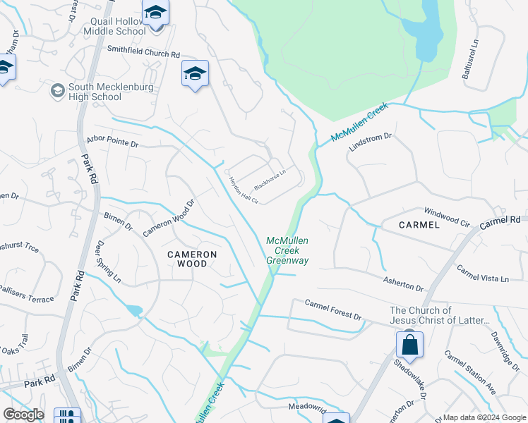 map of restaurants, bars, coffee shops, grocery stores, and more near 9122 Heydon Hall Circle in Charlotte
