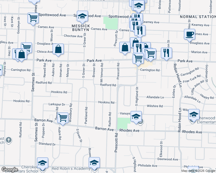 map of restaurants, bars, coffee shops, grocery stores, and more near 3369 Radford Road in Memphis