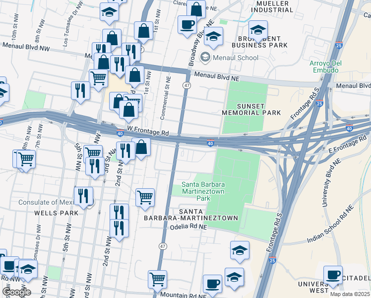 map of restaurants, bars, coffee shops, grocery stores, and more near 310 Indian School Road Northeast in Albuquerque
