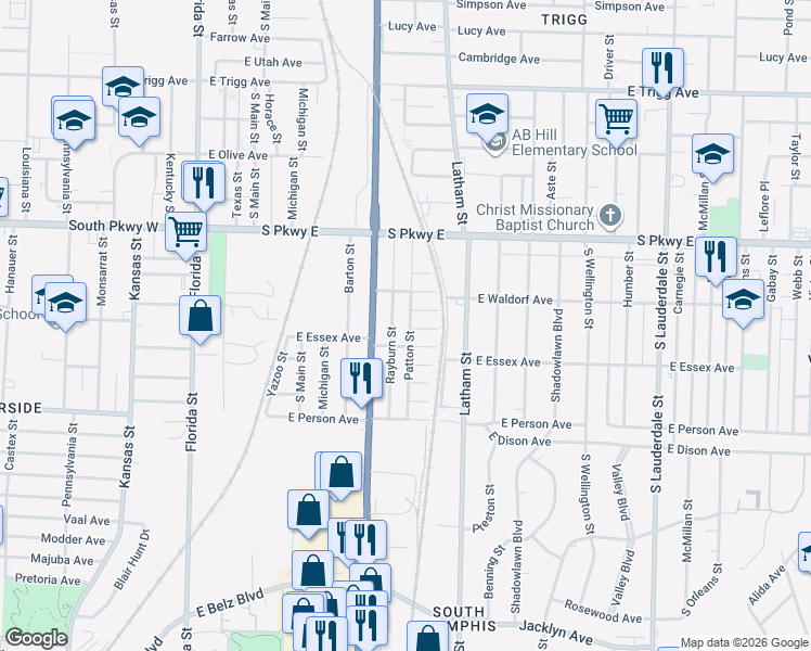 map of restaurants, bars, coffee shops, grocery stores, and more near 1571 Patton Street in Memphis