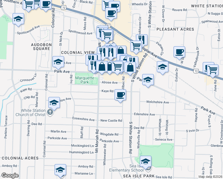 map of restaurants, bars, coffee shops, grocery stores, and more near 5052 Kaye Road in Memphis