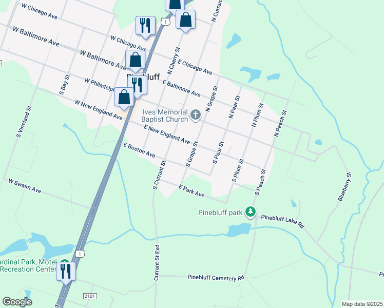 map of restaurants, bars, coffee shops, grocery stores, and more near South Grape Street in Pinebluff