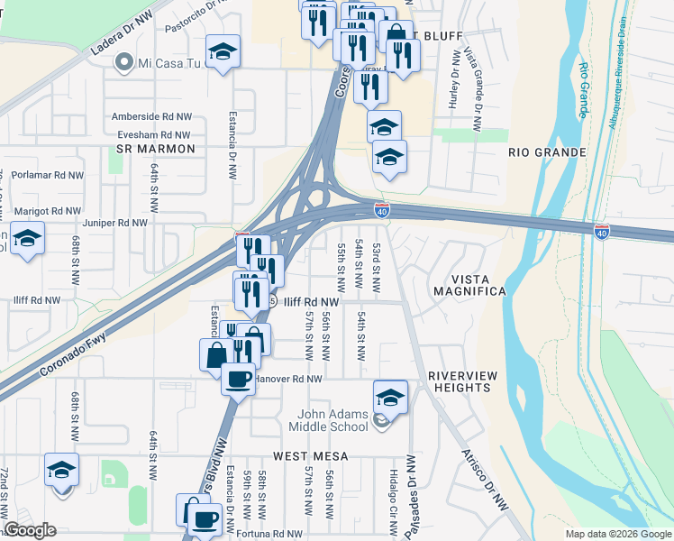 map of restaurants, bars, coffee shops, grocery stores, and more near 1619 55th Street Northwest in Albuquerque