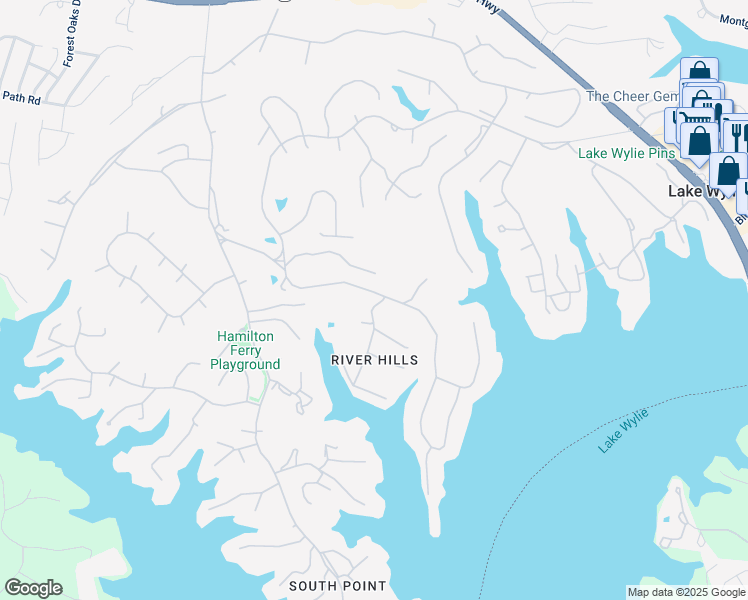 map of restaurants, bars, coffee shops, grocery stores, and more near 12 Marina Road in Lake Wylie