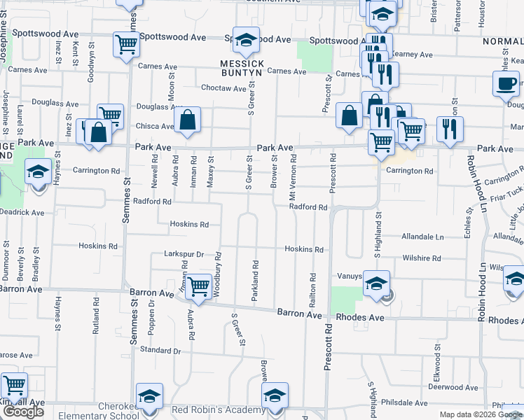 map of restaurants, bars, coffee shops, grocery stores, and more near 1000 Parkland Road in Memphis