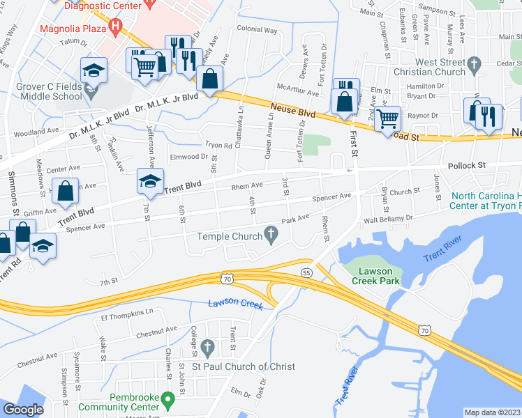 map of restaurants, bars, coffee shops, grocery stores, and more near 1519 Spencer Avenue in New Bern