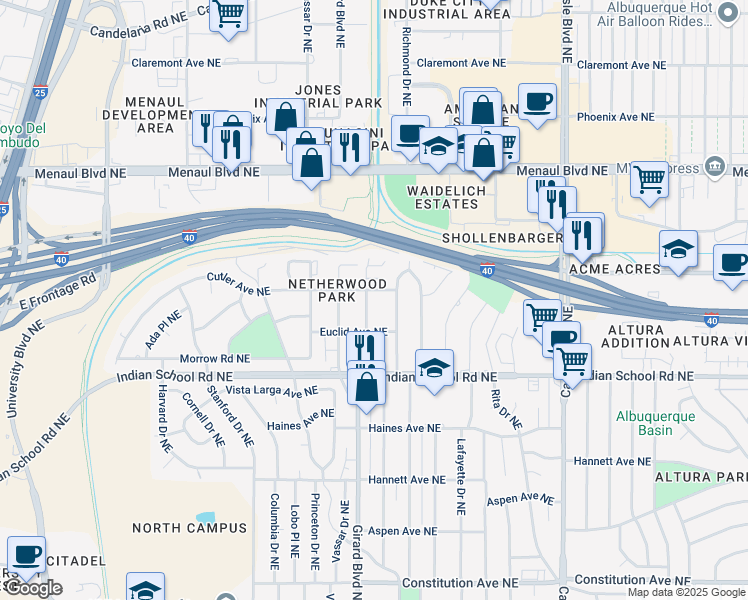 map of restaurants, bars, coffee shops, grocery stores, and more near 1840 Dartmouth Drive Northeast in Albuquerque