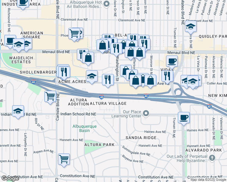map of restaurants, bars, coffee shops, grocery stores, and more near 4340 Cutler Avenue Northeast in Albuquerque