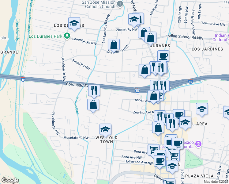 map of restaurants, bars, coffee shops, grocery stores, and more near 1116 5 Montoya Road Northwest in Albuquerque