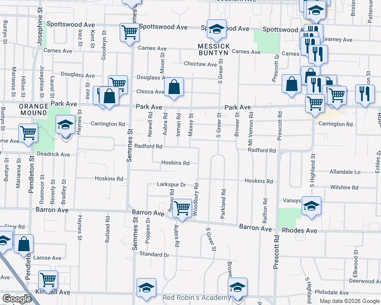 map of restaurants, bars, coffee shops, grocery stores, and more near 3183 Radford Road in Memphis