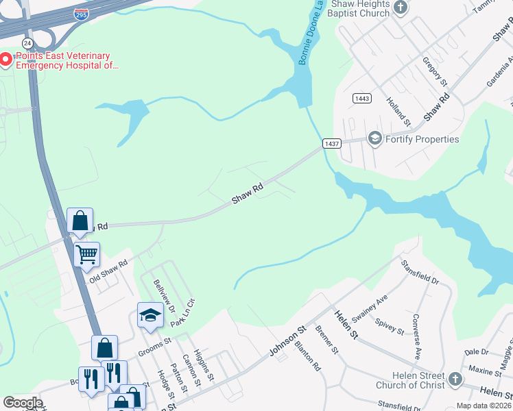 map of restaurants, bars, coffee shops, grocery stores, and more near 718 Shaw Road in Fayetteville