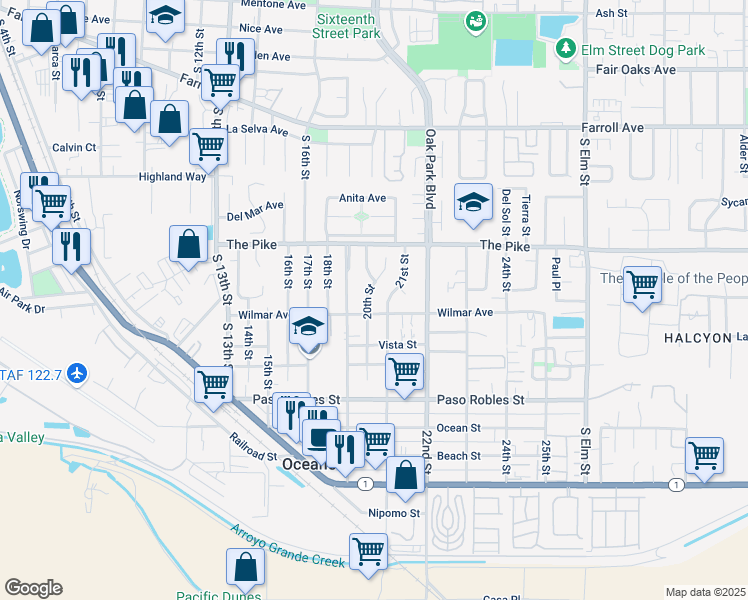 map of restaurants, bars, coffee shops, grocery stores, and more near 1378 21st Street in Oceano