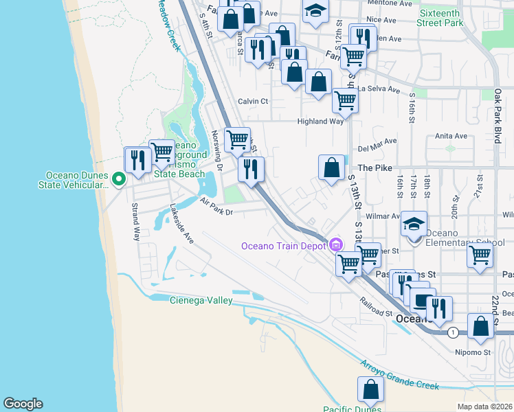 map of restaurants, bars, coffee shops, grocery stores, and more near 665 Air Park Drive in Oceano
