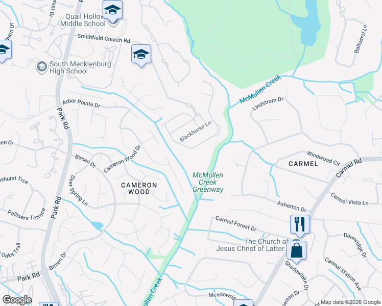 map of restaurants, bars, coffee shops, grocery stores, and more near 9122 Heydon Hall Circle in Charlotte